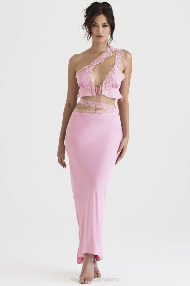 vestiario esso House of CB Gonna lunga Mathilda con finiture in pizzo rosa X44T909