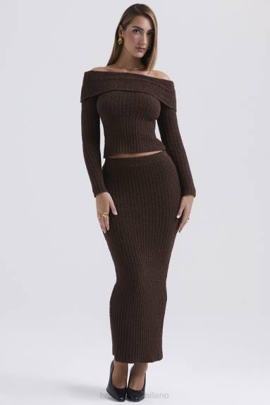 vestiario esso House of CB Gonna lunga in bouclé di morbido cotone color cioccolato X44T829