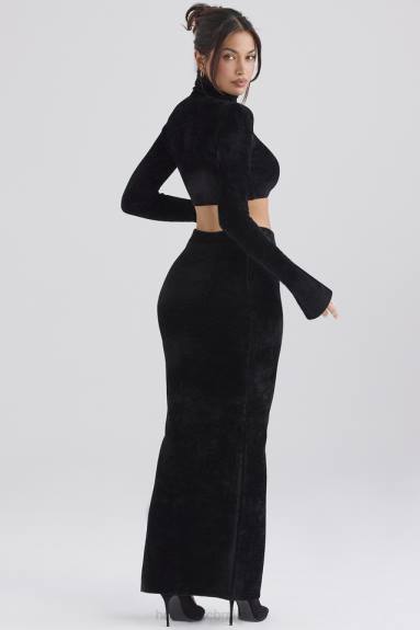 vestiario esso House of CB Gonna lunga in ciniglia nera di Rene X44T879