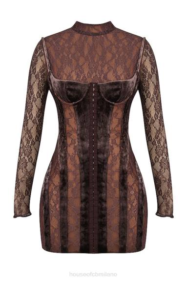 vestiario esso House of CB Abito con corsetto in velluto e pizzo marrone Marica X44T138