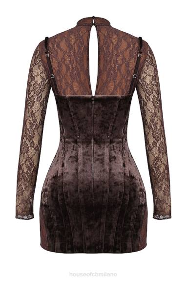 vestiario esso House of CB Abito con corsetto in velluto e pizzo marrone Marica X44T138