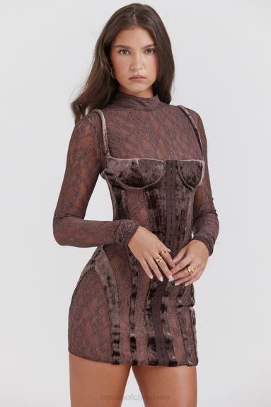 vestiario esso House of CB Abito con corsetto in velluto e pizzo marrone Marica X44T138