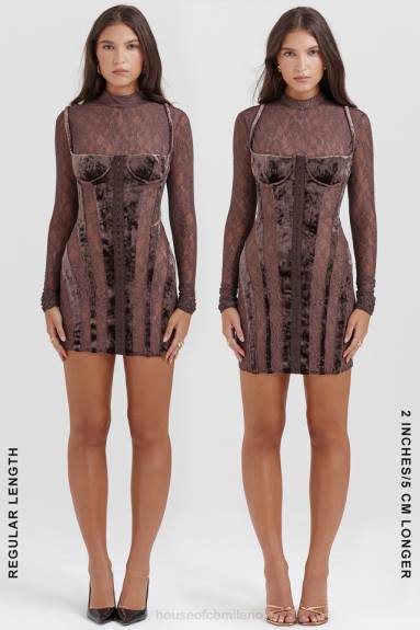 vestiario esso House of CB Abito con corsetto in velluto e pizzo marrone Marica X44T138