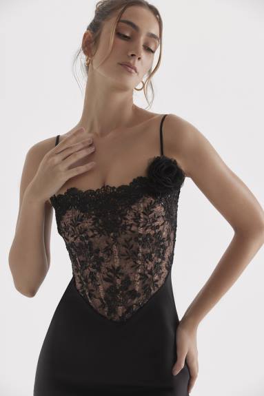 vestiario esso House of CB Abito corsetto nikita in raso nero e pizzo X44T301