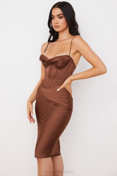 vestiario esso House of CB Abito sottoveste con corsetto in raso color cioccolato Myrna X44T568