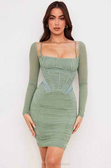 vestiario esso House of CB abito con corsetto arricciato verde freyja X44T543