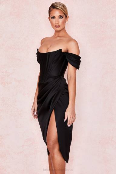vestiario esso House of CB Loretta abito con spalle scoperte in raso nero X44T626