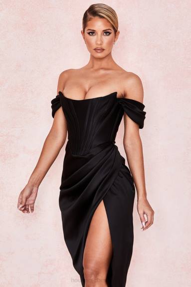 vestiario esso House of CB Loretta abito con spalle scoperte in raso nero X44T626