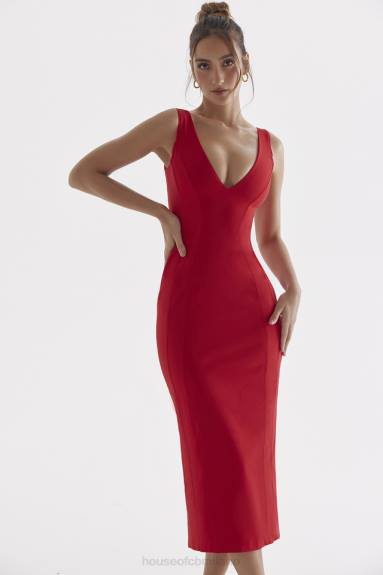 vestiario esso House of CB Abito lungo Cece con rose rosse e scollo profondo X44T303