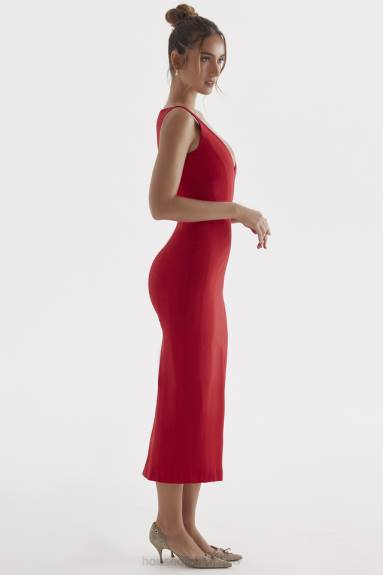 vestiario esso House of CB Abito lungo Cece con rose rosse e scollo profondo X44T303