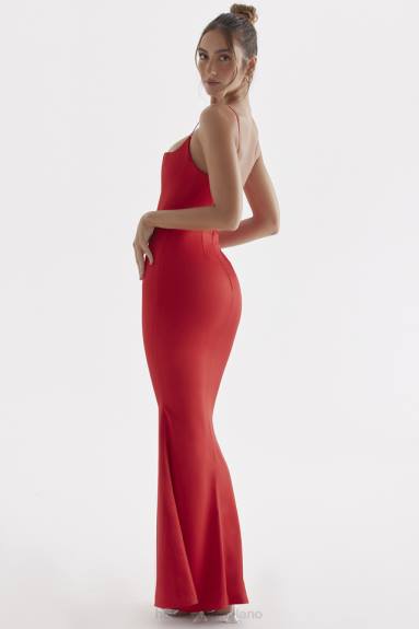 vestiario esso House of CB Abito lungo con corsetto in raso con rose rosse olivette X44T291