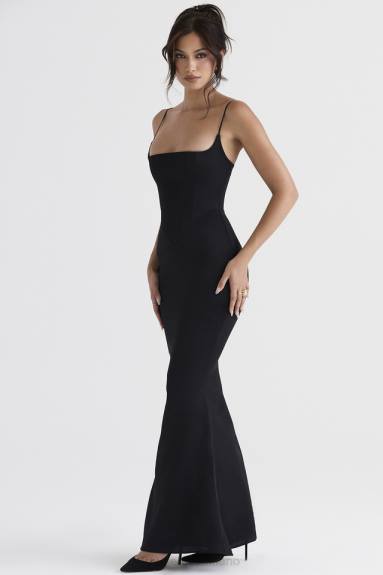 vestiario esso House of CB Abito lungo con corsetto in raso nero olivette X44T386