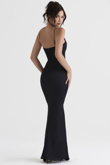 vestiario esso House of CB Abito lungo con corsetto in raso nero olivette X44T386