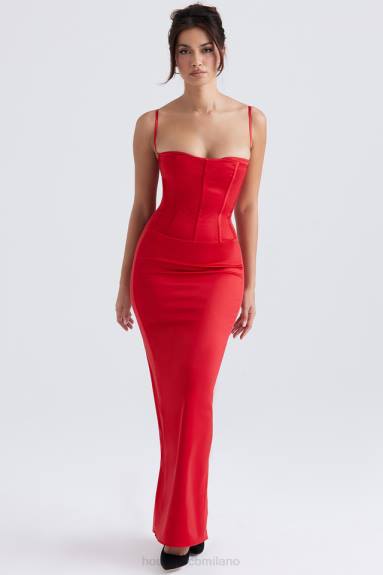 vestiario esso House of CB Abito lungo con corsetto in raso rosso shani X44T357