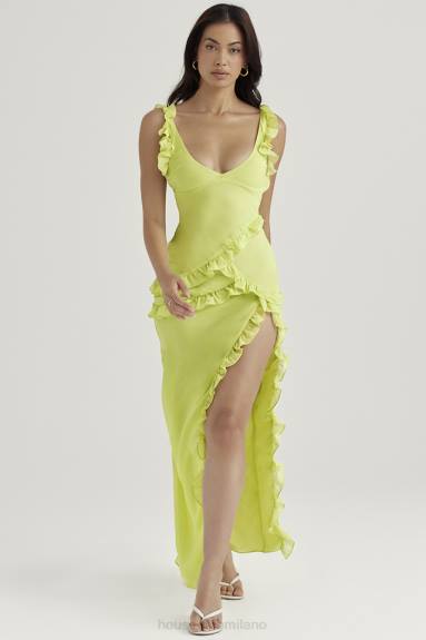 vestiario esso House of CB Abito maxi pixie con volant color lime X44T414