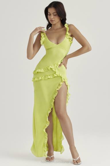 vestiario esso House of CB Abito maxi pixie con volant color lime X44T414