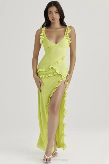 vestiario esso House of CB Abito maxi pixie con volant color lime X44T414