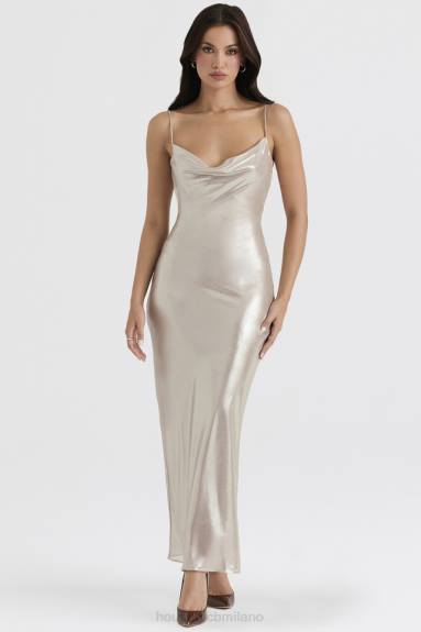 vestiario esso House of CB Vestito lungo leia champagne luccicante con schiena scollata X44T375