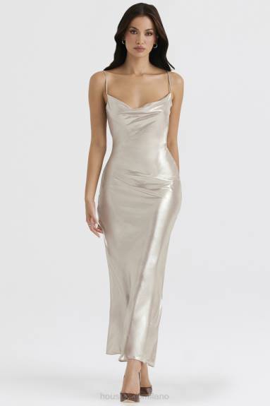 vestiario esso House of CB Vestito lungo leia champagne luccicante con schiena scollata X44T375