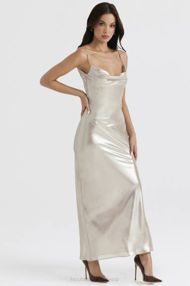 vestiario esso House of CB Vestito lungo leia champagne luccicante con schiena scollata X44T375