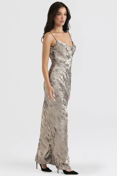 vestiario esso House of CB maxi abito gabrielle in raso peltro X44T360