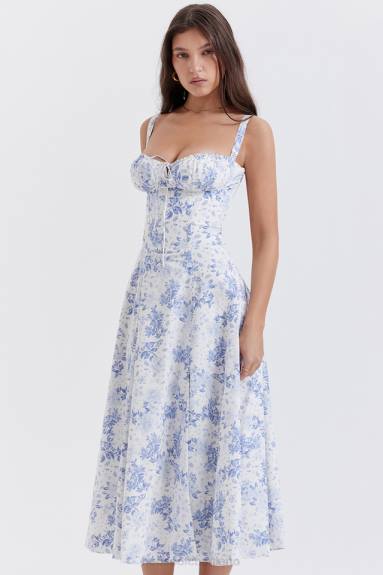 vestiario esso House of CB vestito prendisole bustier con stampa blu carmen X44T260
