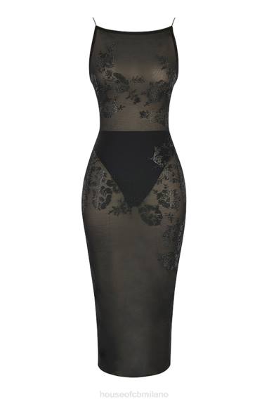 vestiario esso House of CB Abito midi Amirah in rete nera impreziosito da cristalli X44T367