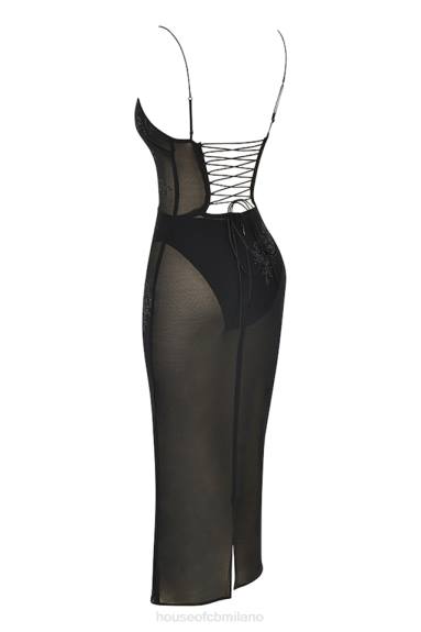 vestiario esso House of CB Abito midi Amirah in rete nera impreziosito da cristalli X44T367