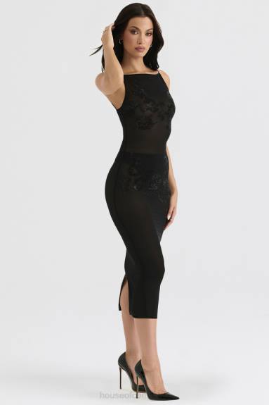 vestiario esso House of CB Abito midi Amirah in rete nera impreziosito da cristalli X44T367