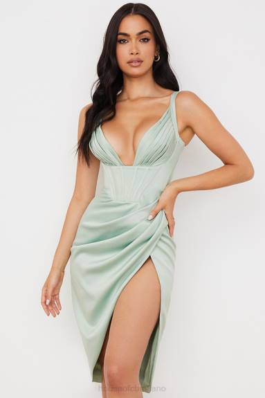 vestiario esso House of CB Abito midi con corsetto in raso pistacchio Faye X44T563