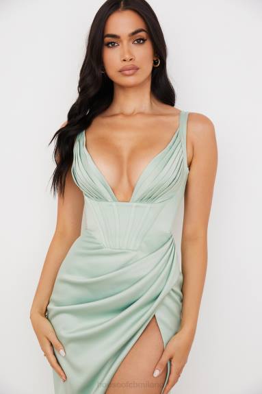 vestiario esso House of CB Abito midi con corsetto in raso pistacchio Faye X44T563