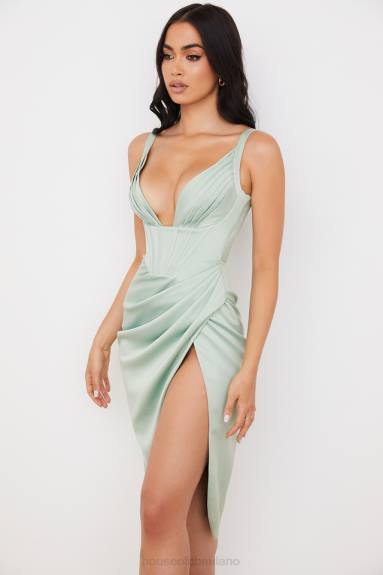 vestiario esso House of CB Abito midi con corsetto in raso pistacchio Faye X44T563
