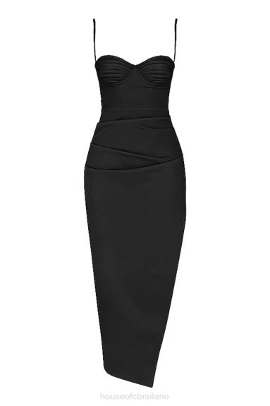 vestiario esso House of CB Abito midi con corsetto plissettato in raso nero Flora X44T517