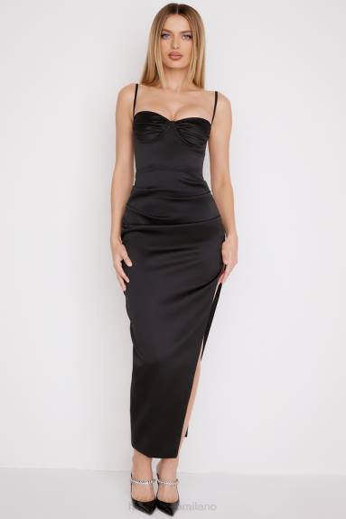 vestiario esso House of CB Abito midi con corsetto plissettato in raso nero Flora X44T517