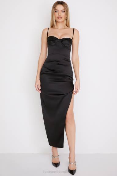 vestiario esso House of CB Abito midi con corsetto plissettato in raso nero Flora X44T517