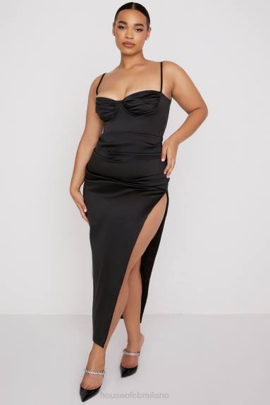 vestiario esso House of CB Abito midi con corsetto plissettato in raso nero Flora X44T517