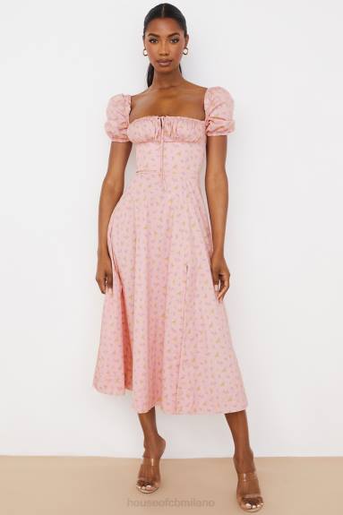 vestiario esso House of CB Abito midi con maniche a sbuffo floreali rosa Tallulah X44T566