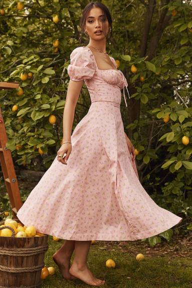 vestiario esso House of CB Abito midi con maniche a sbuffo floreali rosa Tallulah X44T566