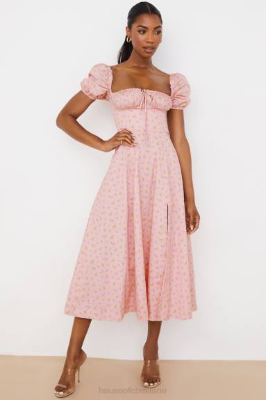 vestiario esso House of CB Abito midi con maniche a sbuffo floreali rosa Tallulah X44T566