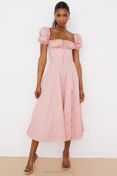 vestiario esso House of CB Abito midi con maniche a sbuffo floreali rosa Tallulah X44T566