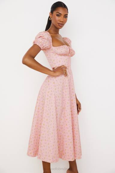 vestiario esso House of CB Abito midi con maniche a sbuffo floreali rosa Tallulah X44T566