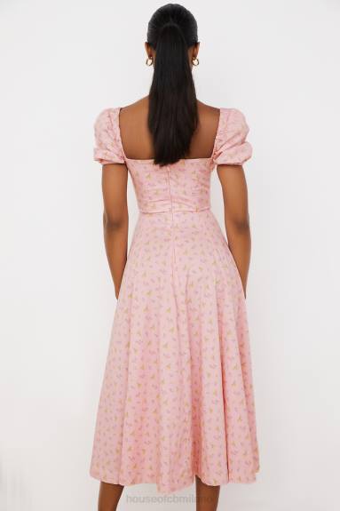 vestiario esso House of CB Abito midi con maniche a sbuffo floreali rosa Tallulah X44T566