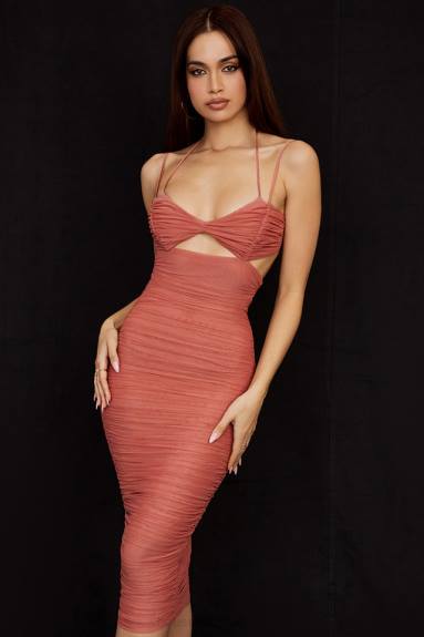 vestiario esso House of CB Abito midi con ruches e ritaglio di rose tibi X44T504