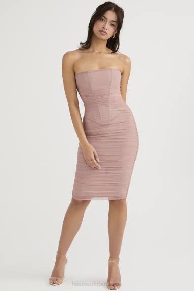 vestiario esso House of CB Abito midi con ruches, senza spalline, blush di Julianna X44T481
