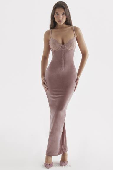 vestiario esso House of CB Abito midi in morbido velluto rosa azalea X44T296