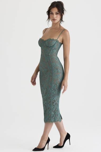 vestiario esso House of CB Abito midi in pizzo Joelle Forest X44T383