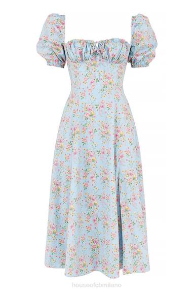 vestiario esso House of CB Abito midi tallulah blu con maniche a sbuffo floreali vintage X44T572