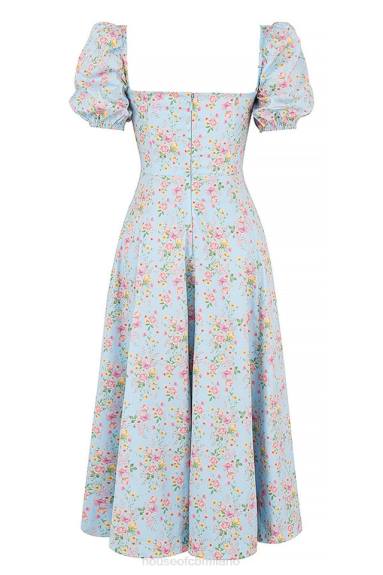vestiario esso House of CB Abito midi tallulah blu con maniche a sbuffo floreali vintage X44T572