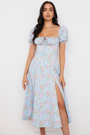 vestiario esso House of CB Abito midi tallulah blu con maniche a sbuffo floreali vintage X44T572
