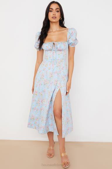 vestiario esso House of CB Abito midi tallulah blu con maniche a sbuffo floreali vintage X44T572